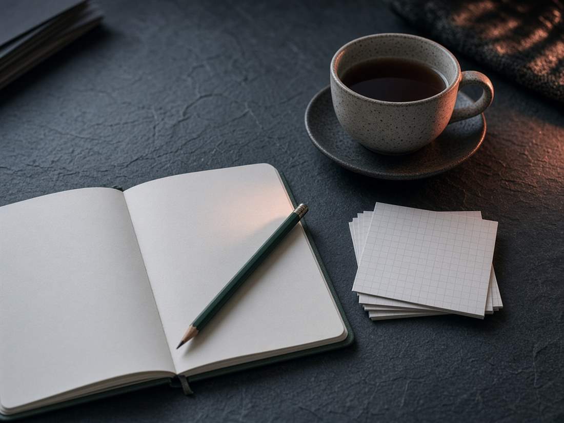 Otwarty notes, zielony ołówek, kartki w kratkę i kubek herbaty na ciemnym blacie